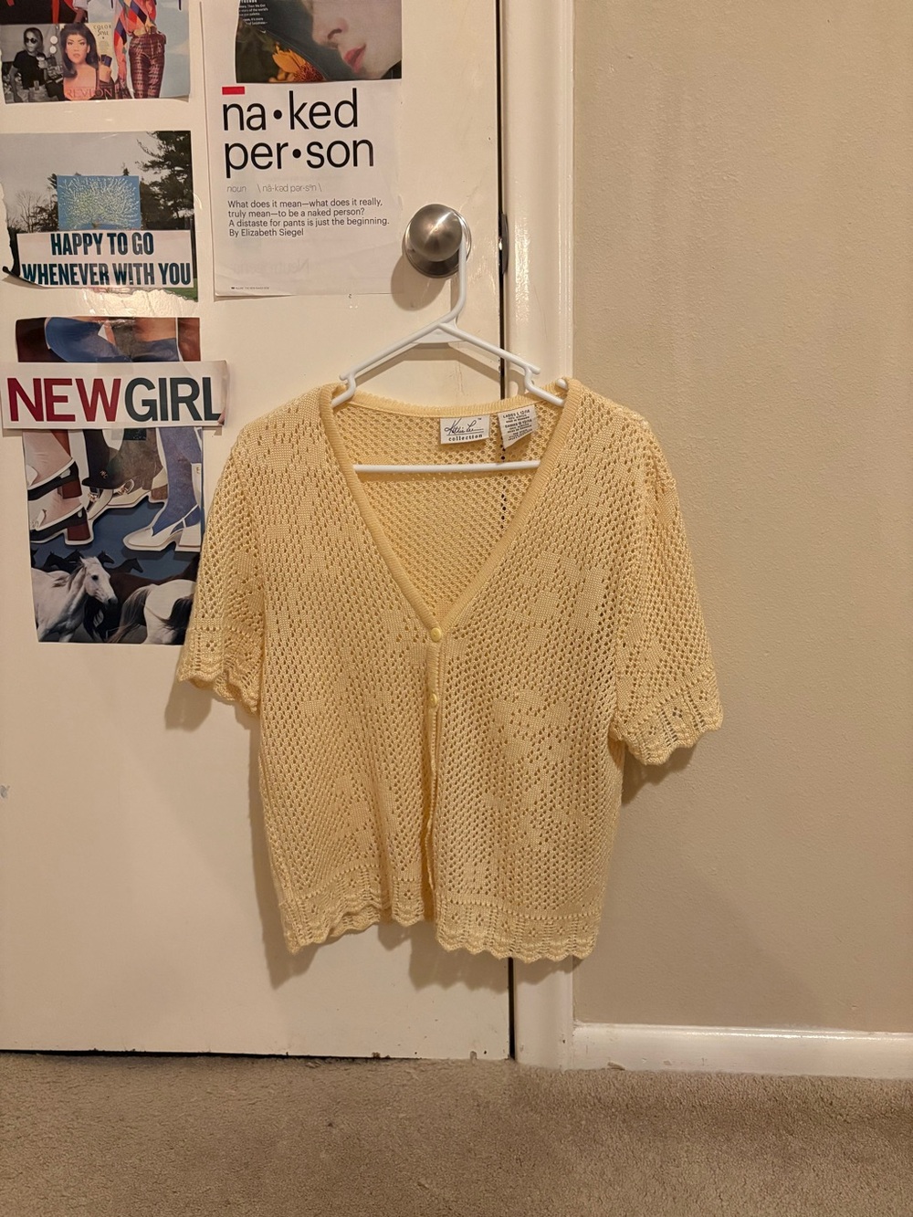 Kathie Lee Collection Pale Yellow Openwork Knit Short Sleeve Cardigan